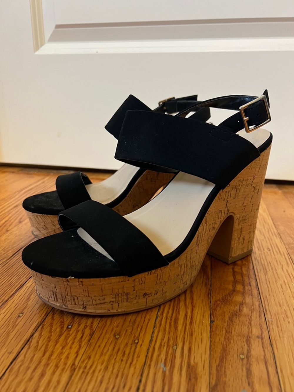 Black Suede Platform Cork Block Heels